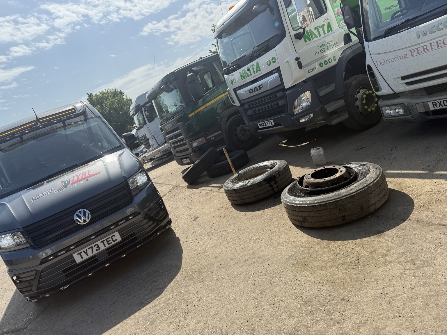 Mobile Tyre Tech van and commercial wheels at a vehicle yard